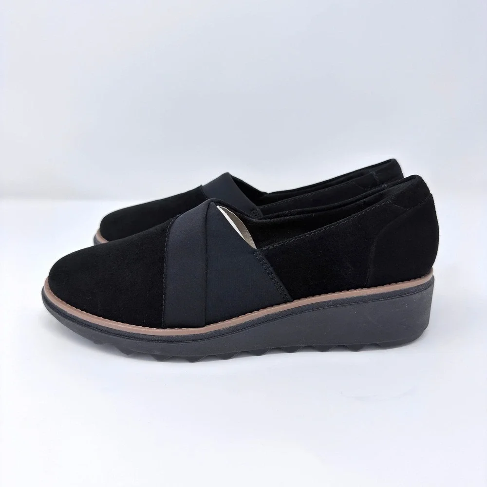 Clarks Sharon Pump Black Suede Wedge Loafers Womens 5.5M Slip On Shoes